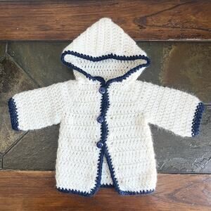 Handmade White Navy Crochet Baby Hooded Sweater Jacket Newborn 3-6M Cozy Knit